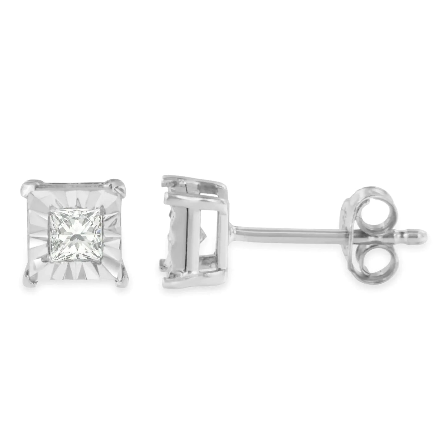 .925 Sterling Silver 1/4 Cttw Princess-Cut Square Near Colorless Diamond Solitaire Miracle-Plate Stud Earrings (H-I Color, I2-I3 Clarity)