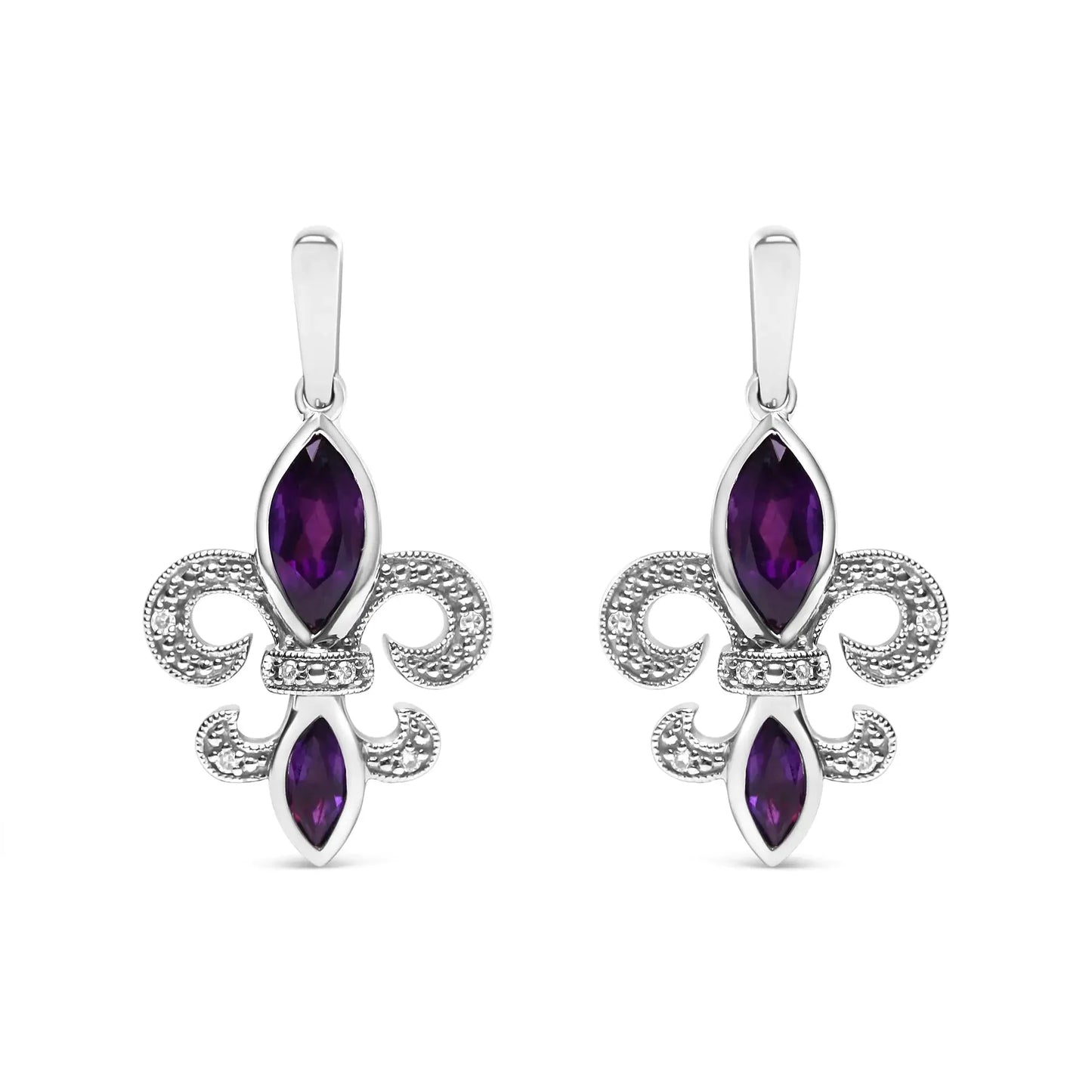 .925 Sterling Silver Marquise Cut Amethyst and Diamond Accent Fleur De Lis Dangle Stud Earrings (H-I Color, SI1-SI2 Clarity)