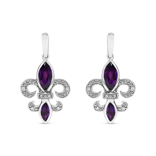 .925 Sterling Silver Marquise Cut Amethyst and Diamond Accent Fleur De Lis Dangle Stud Earrings (H-I Color, SI1-SI2 Clarity)
