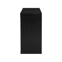 Entrance table with clean lines and modern black finish displayed with artwork above