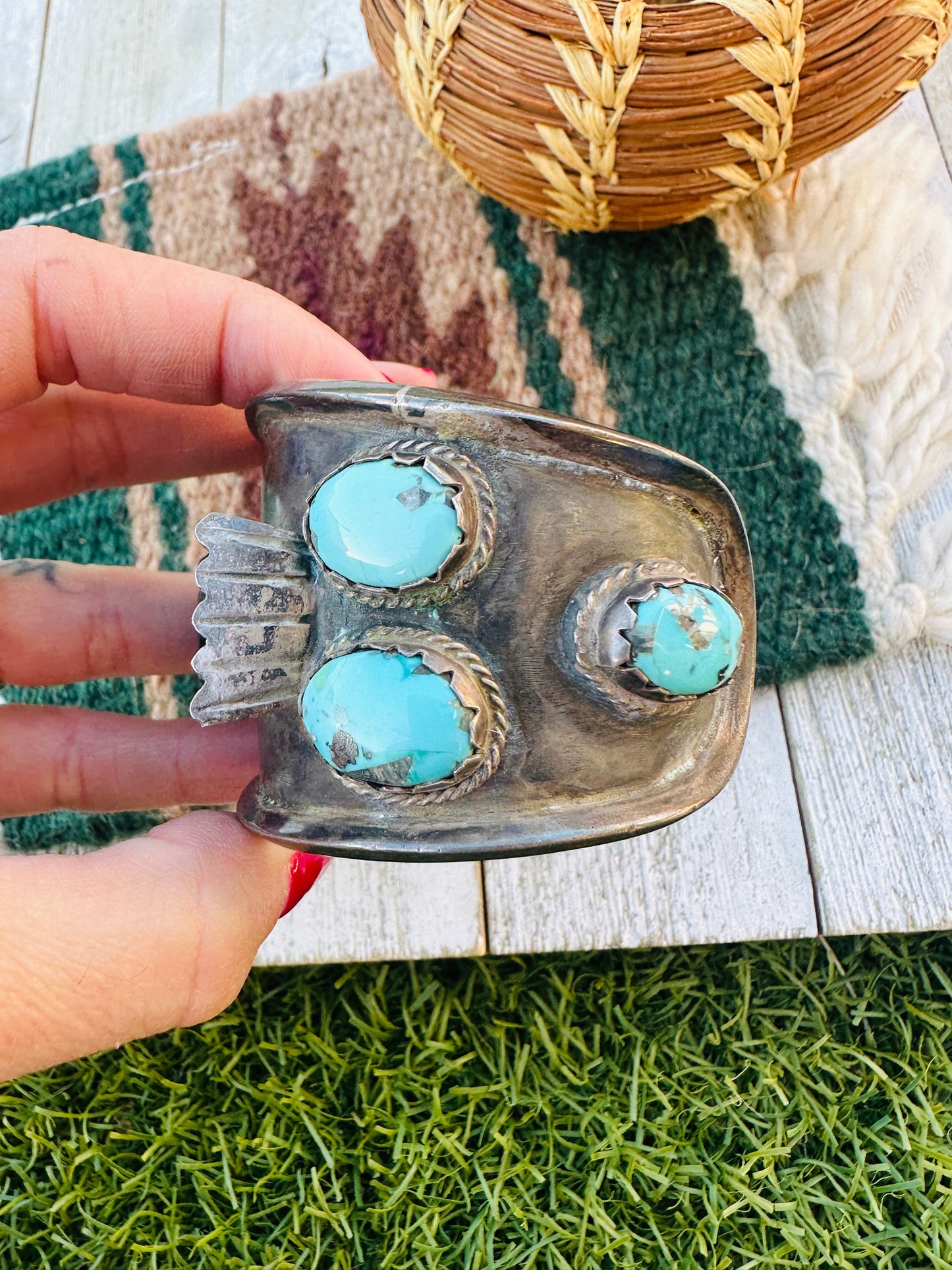 Handcrafted Old Pawn Sterling Silver & Turquoise Watch Cuff Bracelet