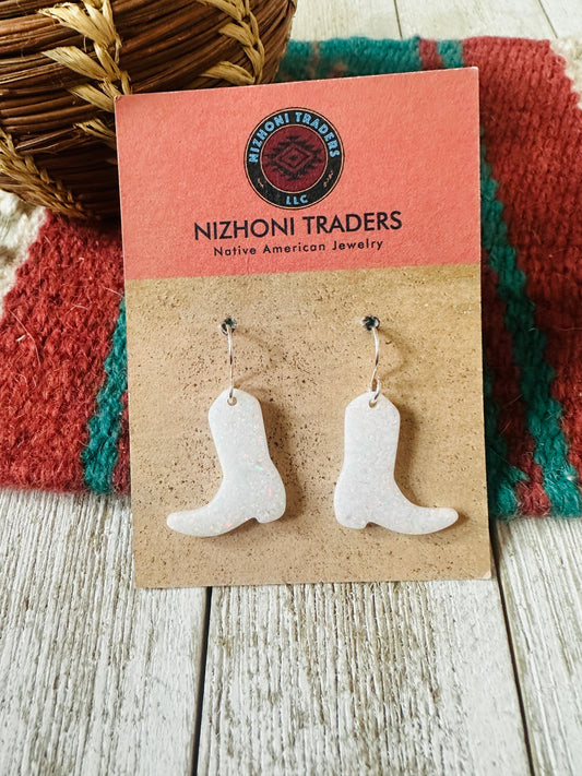 Handcrafted Sterling Silver & Opal Cowboy Boot Dangle Earrings