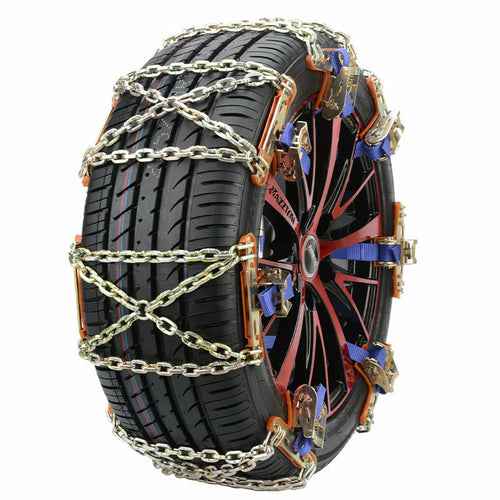 SUV tire wrapped with anti-skid chain designed to improve traction on icy roads.