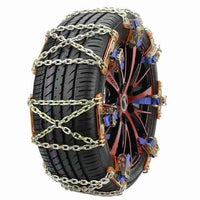SUV tire wrapped with anti-skid chain designed to improve traction on icy roads.