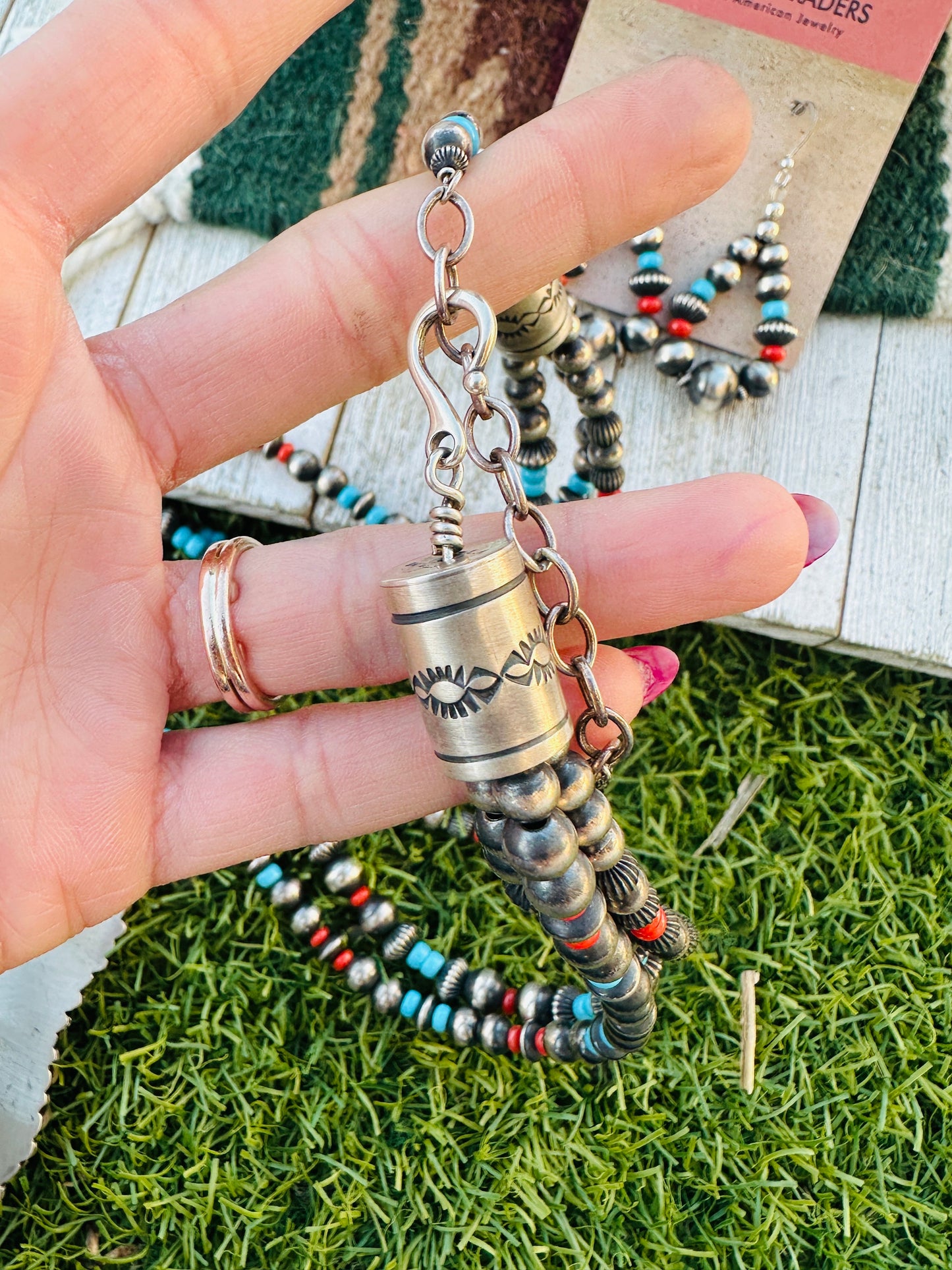 Handcrafted Vintage Old Pawn Turquoise, Spiny & Sterling Silver Beaded Necklace and Earring Set