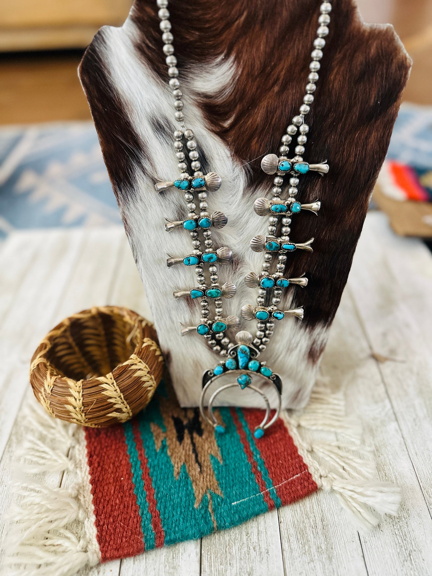 Old Pawn Handcrafted Turquoise & Sterling Silver Squash Blossom Necklace