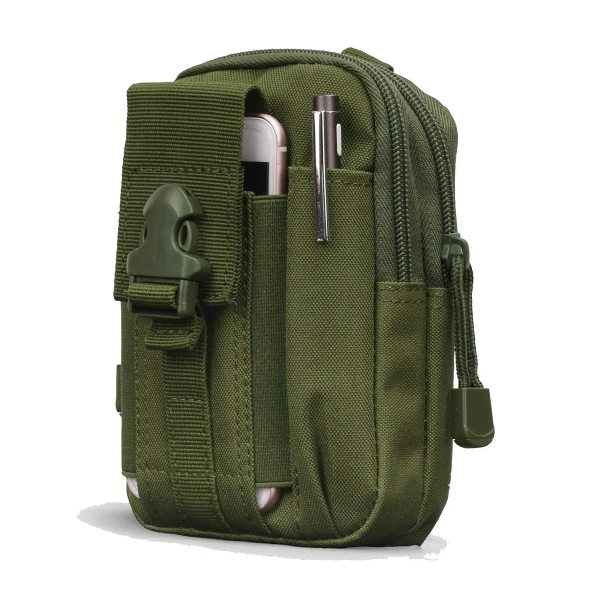 Close-up of tactical MOLLE pouch exterior with zipper and strap details.