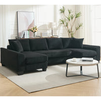 Modern black U-shaped corduroy sleeper sofa with pull-out bed and square arms, comfortably seating four people.