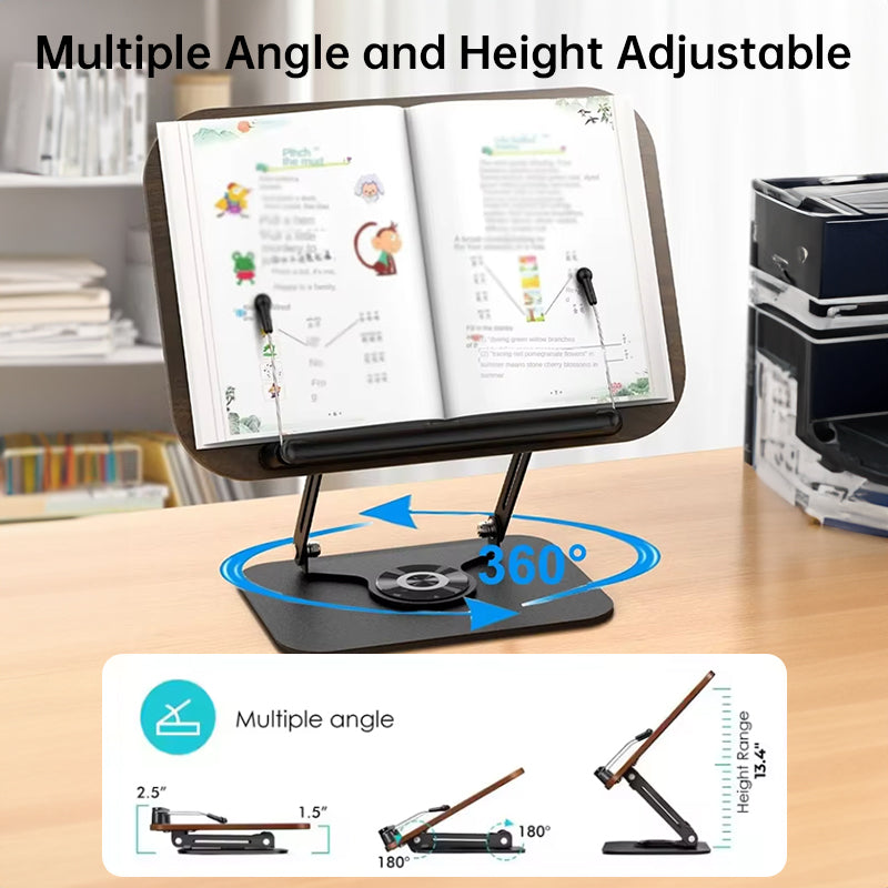 Adjustable 360° Rotating Book Stand with Elastic Clips, for Cookbooks, Laptops & More