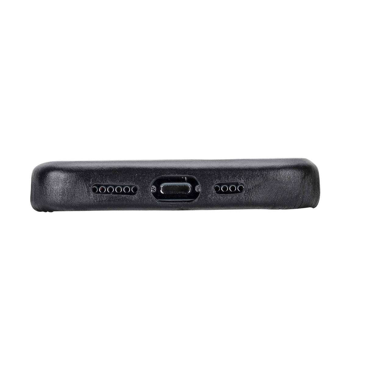 Side profile of leather iPhone 13 case highlighting raised edges for screen protection
