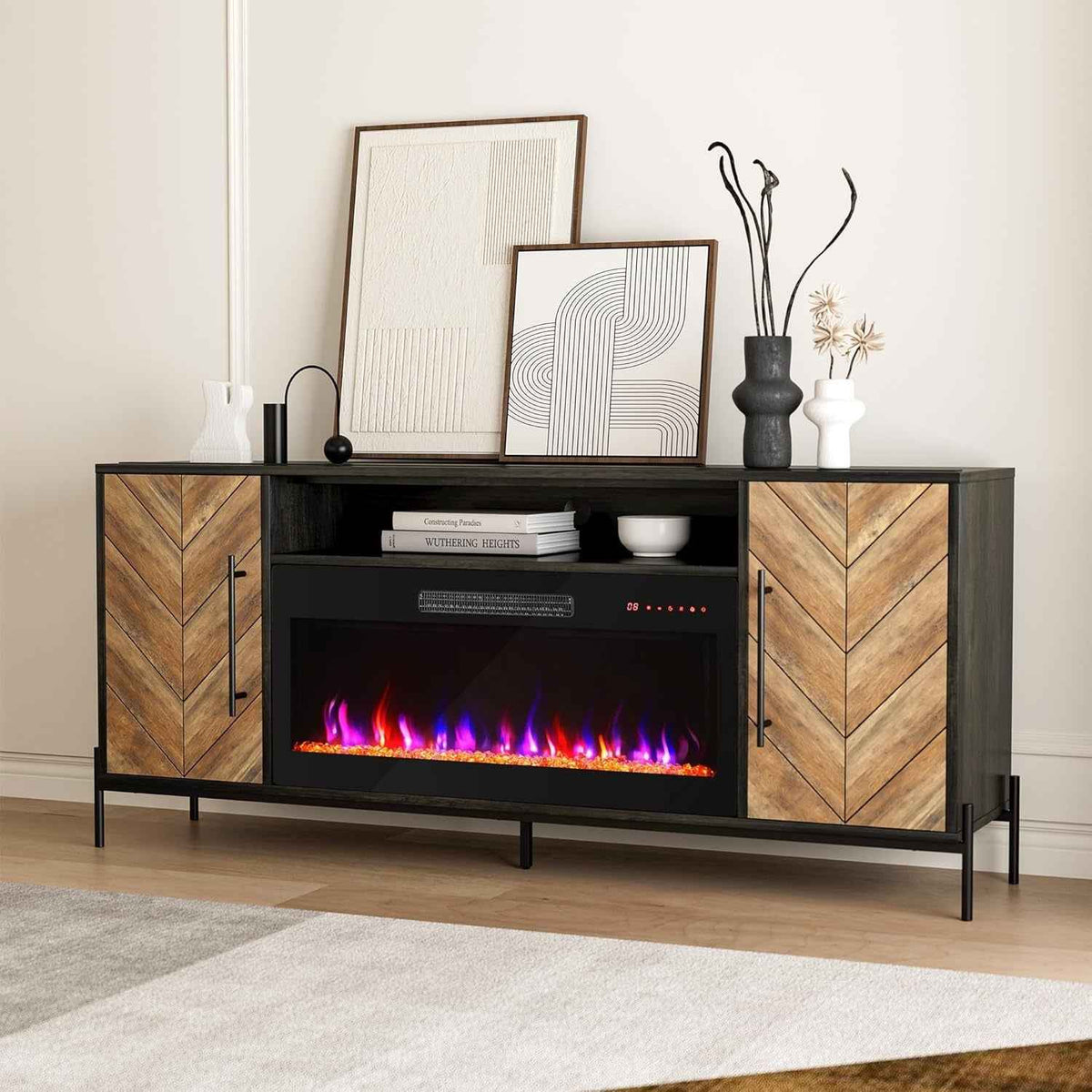 68 Inch TV Stand With 36 Inch Electric Fireplace Heater