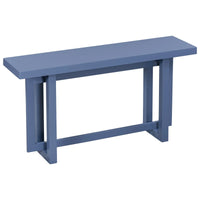 Contemporary console table highlighting wood top texture and navy blue solid wood legs.