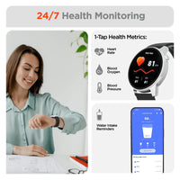 Close-up of HyperGear SmartWatch screen showing blood pressure and SpO2 monitoring features.