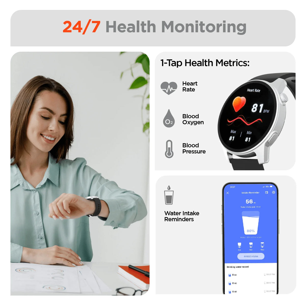 HyperGear Smartwatch showing detailed fitness stats including distance, time, and calories burned.