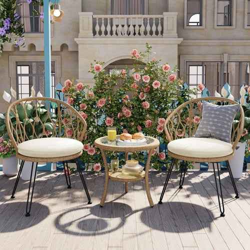 Outdoor Leisure Set, 2 Rattan Single Chairs with A Glass Round Table,
