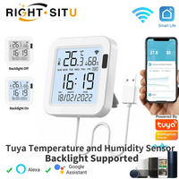 Tuya temperature and humidity sensor shows digital readings with backlight on LCD screen.
