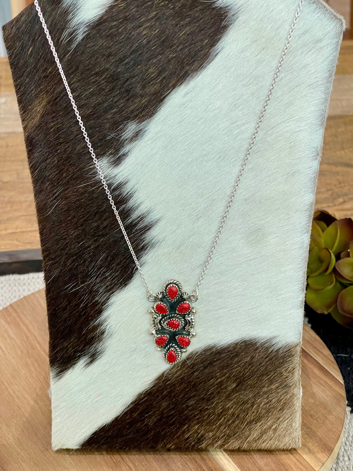 Handmade Sterling Silver & Red Fire Opal Cluster Necklace