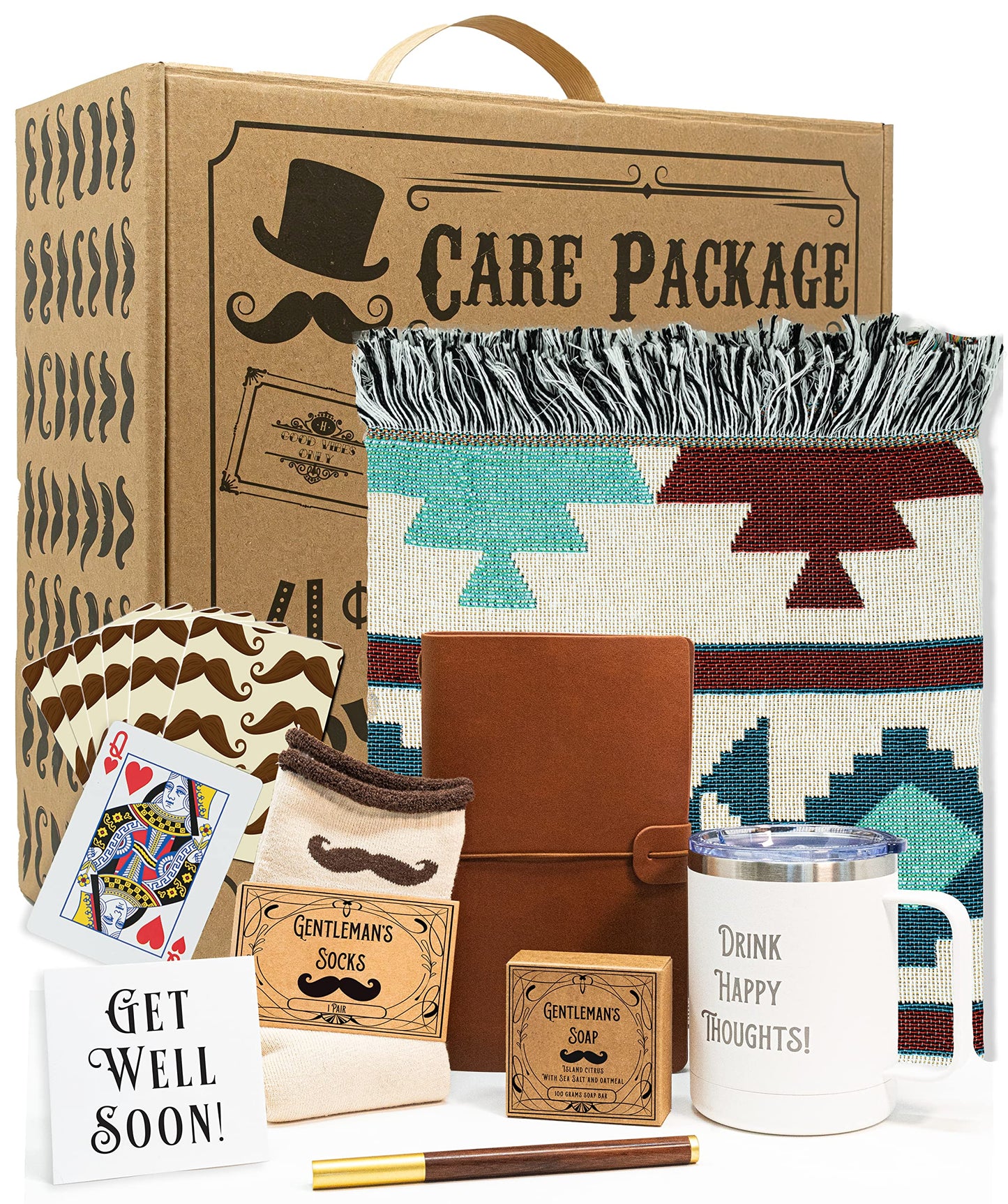Get Well Soon Gift Basket Men | Care Package For Men | Includes Soft Blanket, Insulated Mug, Journal, Pen, Soap, and Cozy Socks | Packaged In a Vintage Gift Box