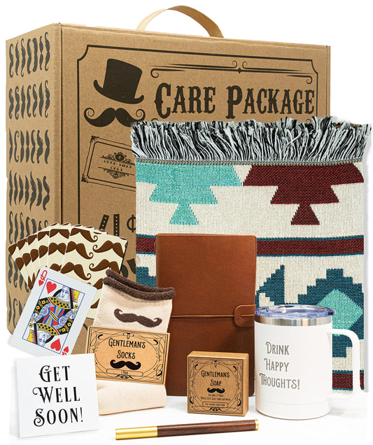 Get Well Soon Gift Basket Men | Care Package For Men | Includes Soft Blanket, Insulated Mug, Journal, Pen, Soap, and Cozy Socks | Packaged In a Vintage Gift Box