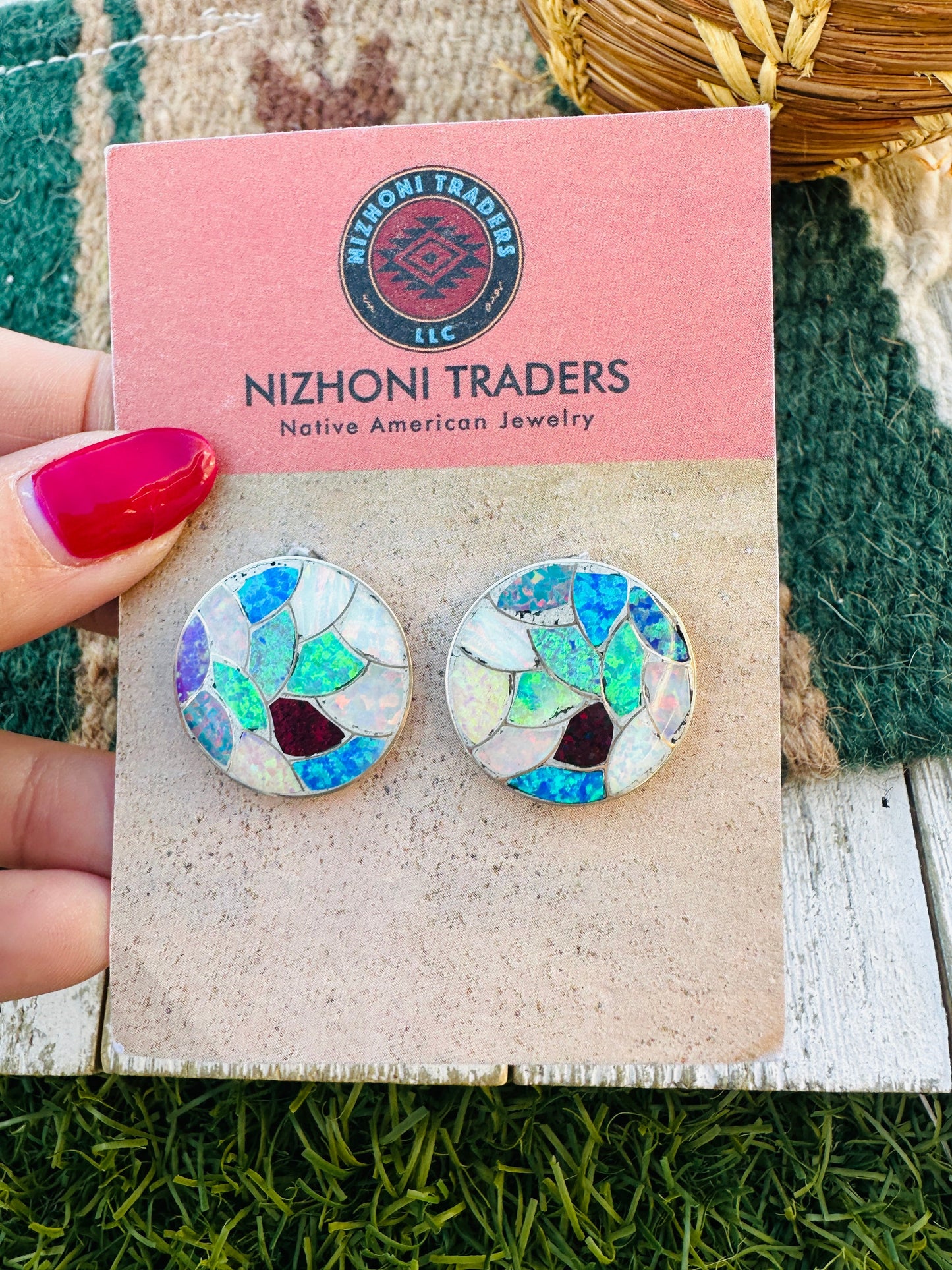 Handcrafted Old Pawn Sterling Silver & Multicolor Opal Inlay Post Earrings