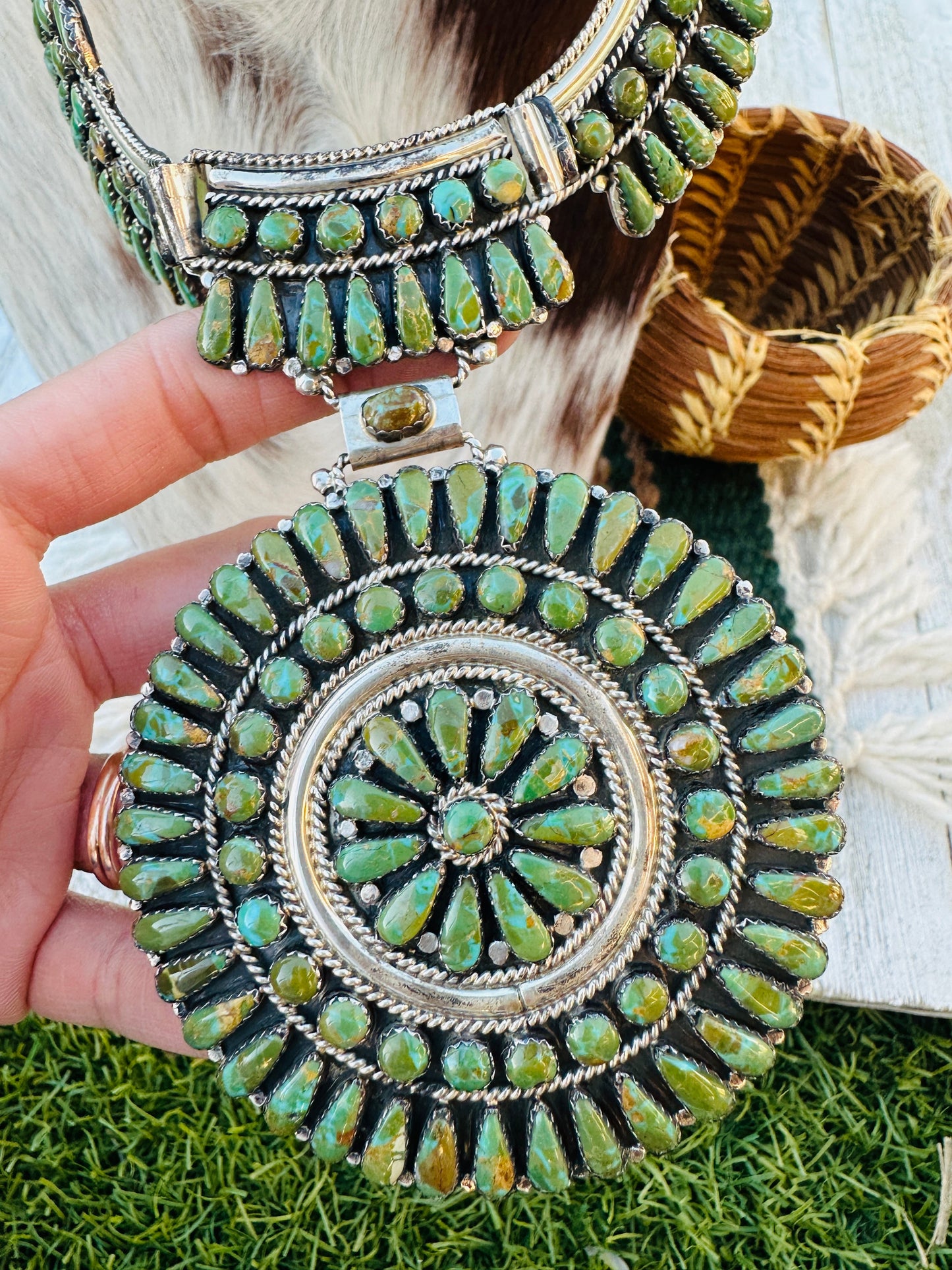 Old Pawn Handcrafted Sterling Silver and Turquoise Cluster Necklace