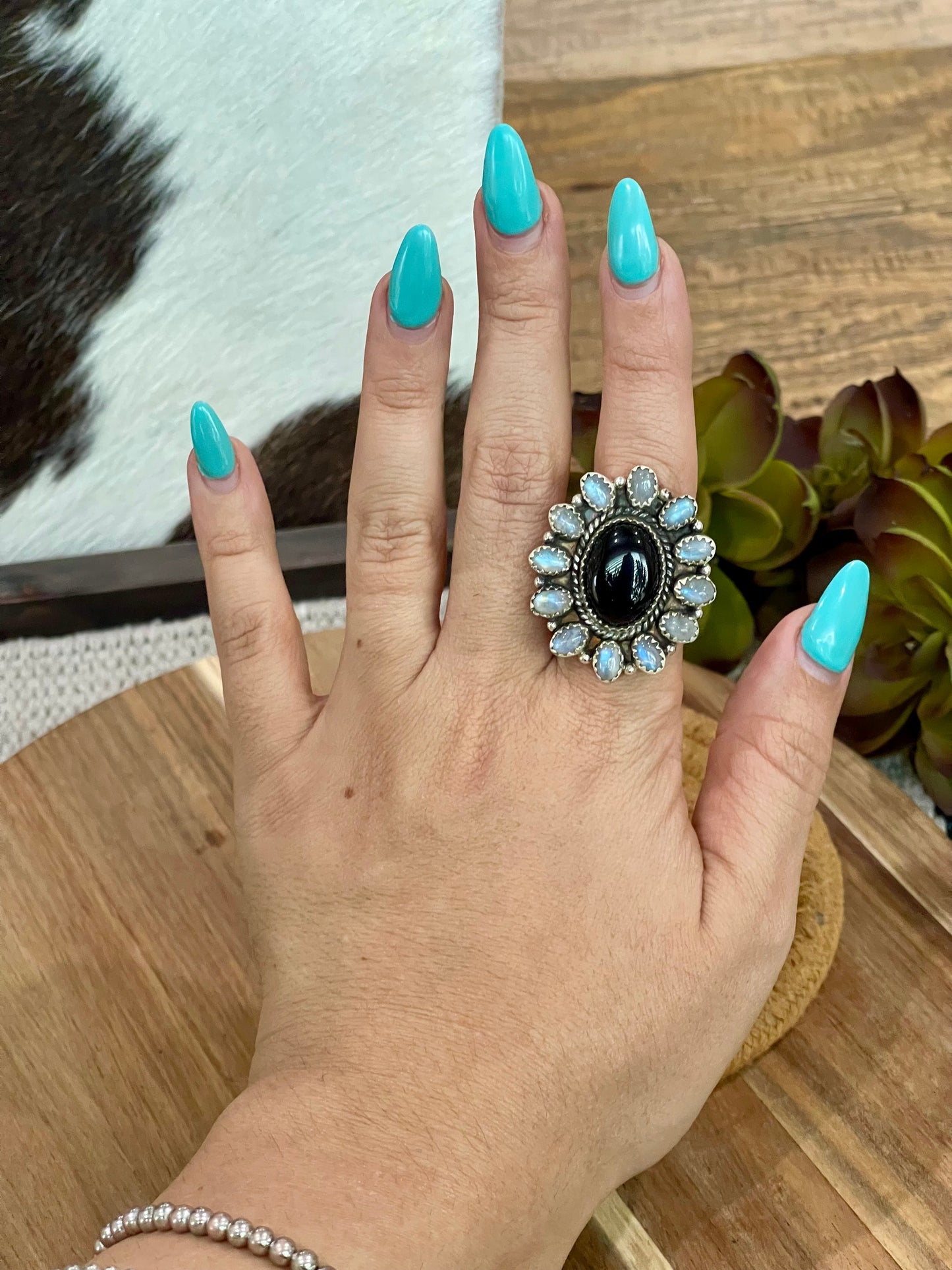 Handmade Sterling Silver, Onyx & Moonstone Cluster Adjustable Ring