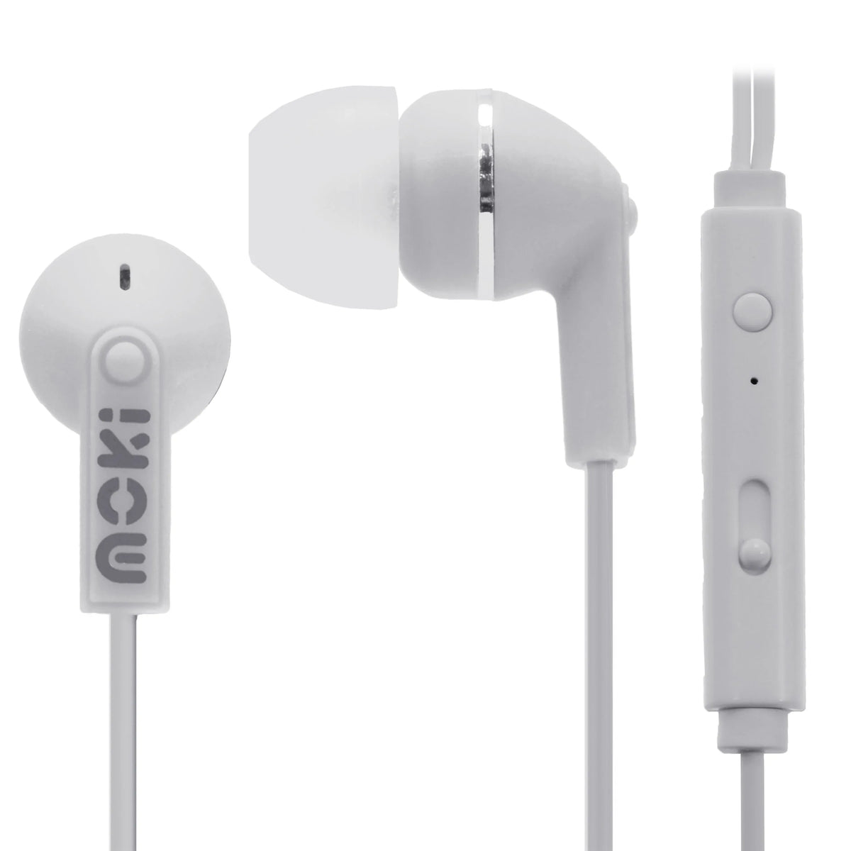 White MOKI noise isolation earbuds with in-line microphone and control button on a white background