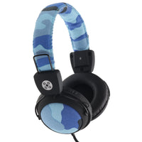 Blue MOKI camouflage headphones with padded ear cups and adjustable cloth headband featuring in-line mic control.