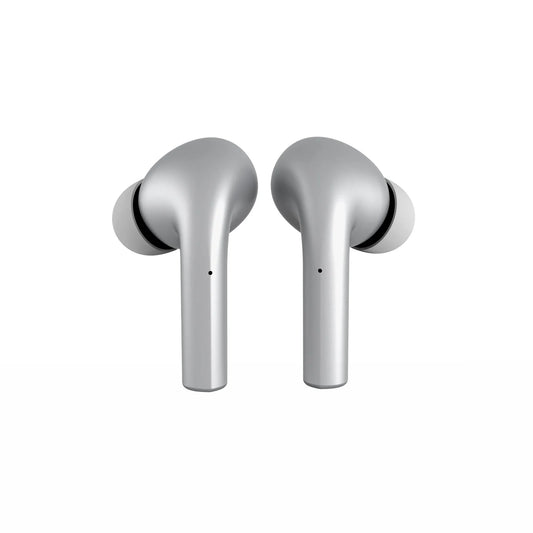 Silver MOKIPods True Wireless Earbuds with charging dock on white background