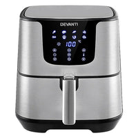 Front view of stainless steel Devanti Air Fryer with digital LCD display on top.