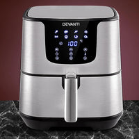 Devanti Air Fryer with user manual and accessories on kitchen countertop.