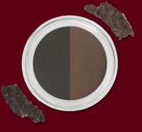 Black eyebrow gel shade named Abracadabra in open jar next to angled brush