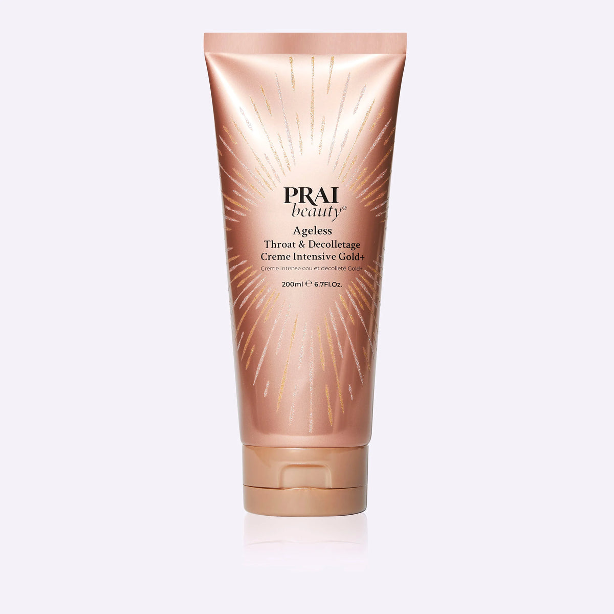 50ml jar of Ageless Throat & Decolletage Creme Intensive Gold+ shown with golden glow on lilac background