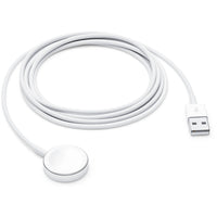 Magnetic charger cable compatible with Apple Watch Series 1 to 5, shown with a silver Apple Watch on a white background