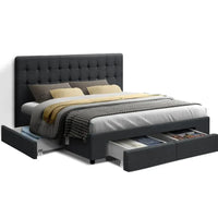 Charcoal queen-size Avio bed frame with fabric storage drawers in a modern bedroom setting