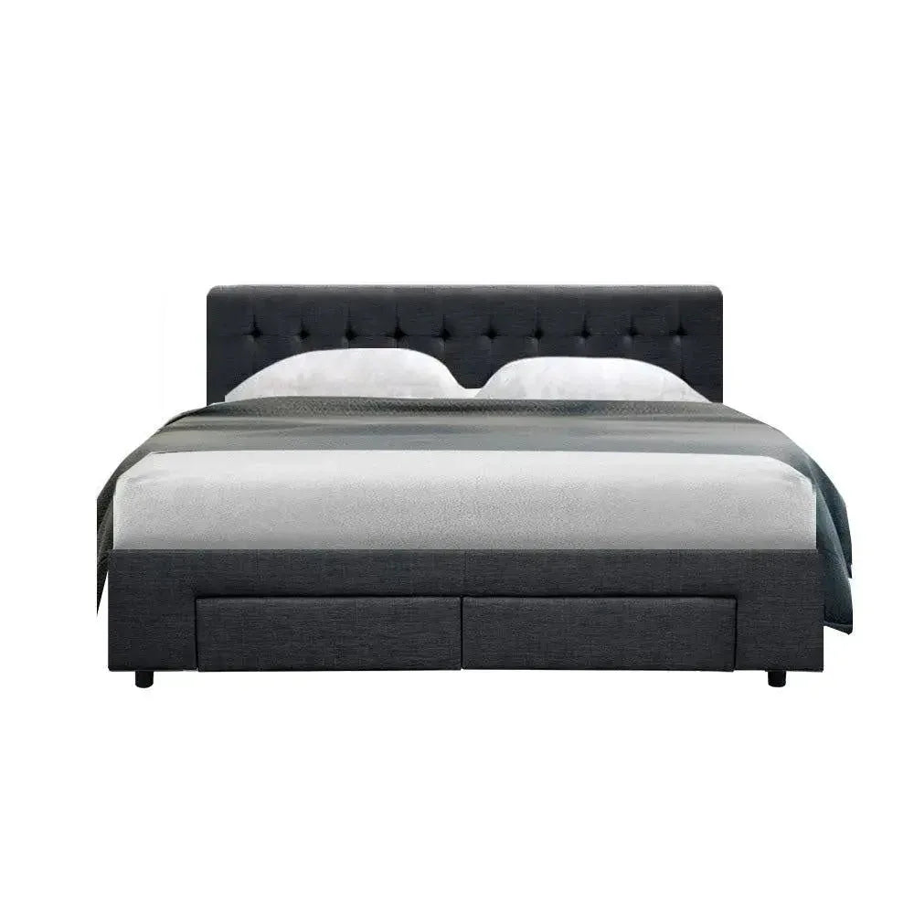 Close-up of tufted fabric headboard on charcoal Avio queen bed frame