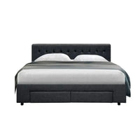 Close-up of tufted fabric headboard on charcoal Avio queen bed frame