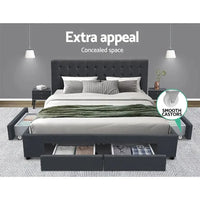 Queen Avio bed frame showing thick padding and premium faux linen fabric