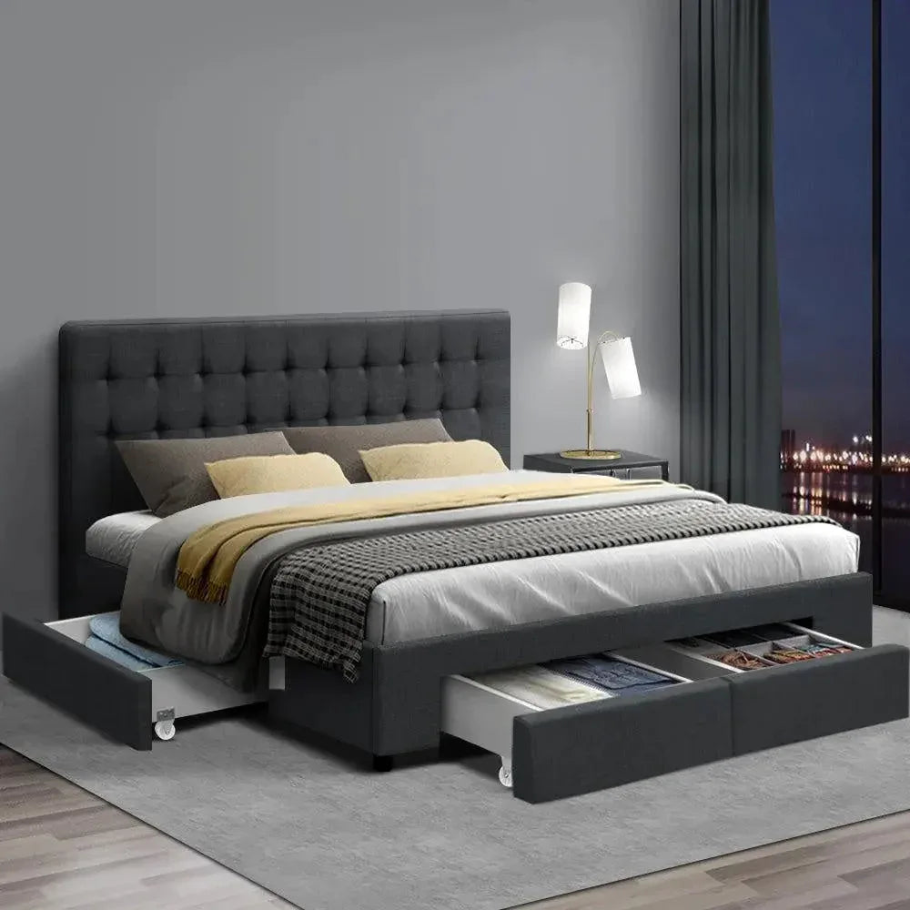 Charcoal Avio bed frame with plush tufted headboard and storage drawers closed