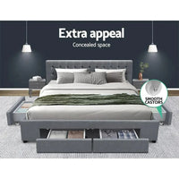 Open grey storage drawer from king size bed frame illustrating roomy under-bed storage space.