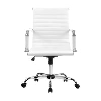 Close-up of the white faux leather seat and padded armrests of the Artiss computer desk chair.