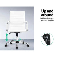Artiss white office chair with mid-back detail, set on black five-star base with caster wheels.