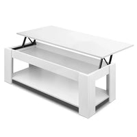 White mechanical coffee table with lift-up top and sturdy legs on wooden floor.