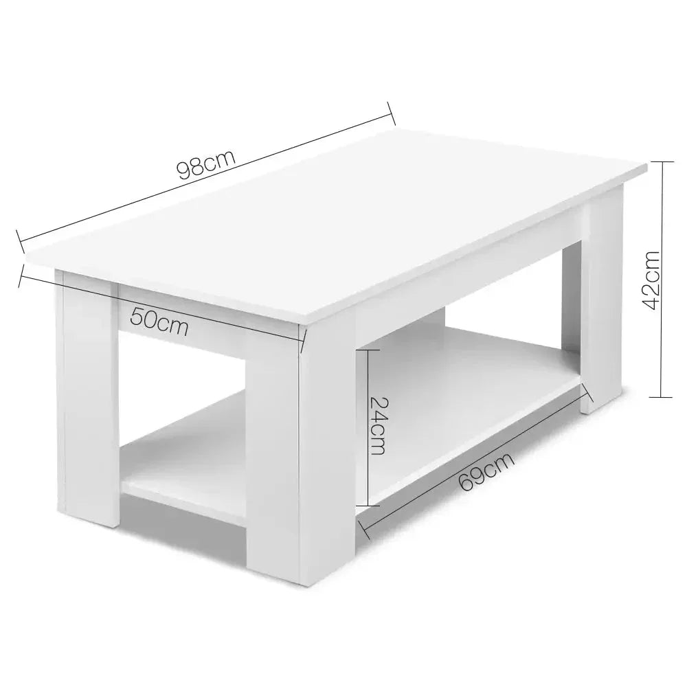 Lift-top coffee table partially opened showing hidden storage space inside.