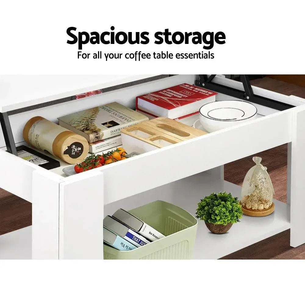 Side view of sturdy white coffee table with thick particle board surface.