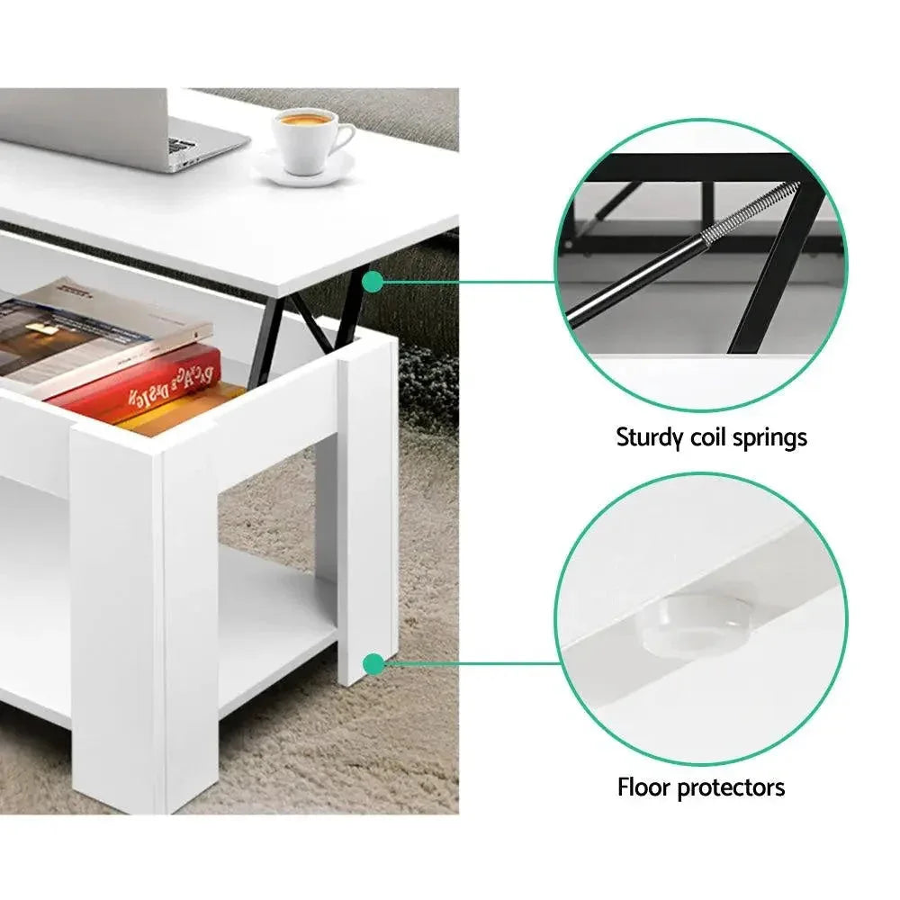 White coffee table featuring anti-scratch foot pads on wooden flooring.