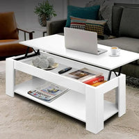 Lift-top coffee table opened showing interior storage and under shelf.