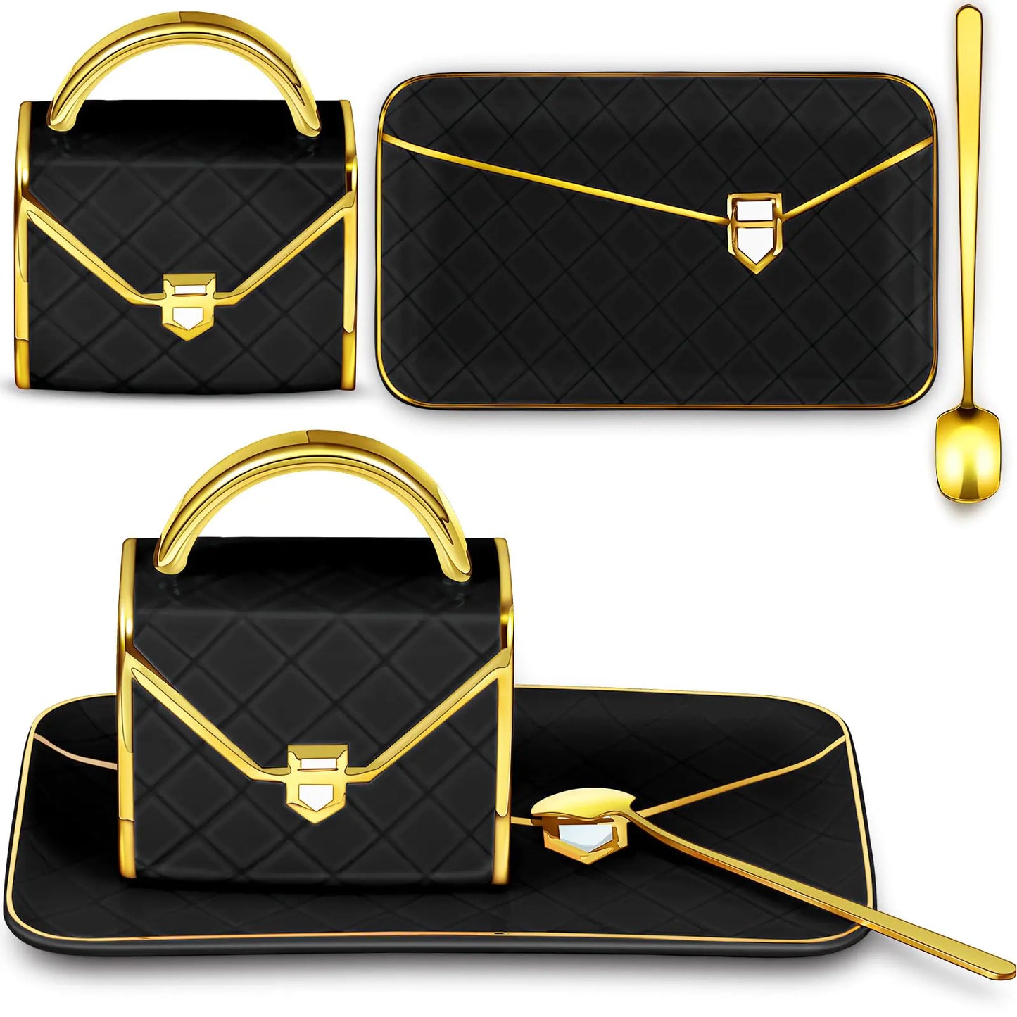 Zubebe 2 Sets Coffee Mug Elegant Handbag Shaped Mug Modern Ceramic Purse Mug with Spoon and Saucer 10oz Cute Creative Tea Cup for Office Home Thanksgiving Christmas Woman Gift (PinkBlack)