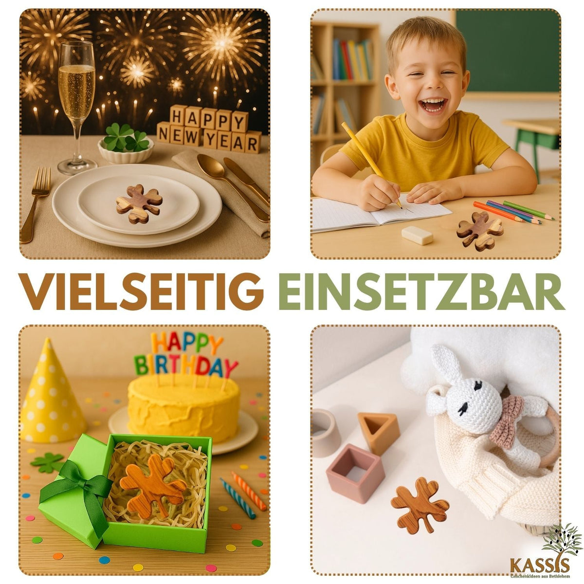 Kleeblatt Handschmeichler aus Olivenholz | Glücksbringer als Geschenk