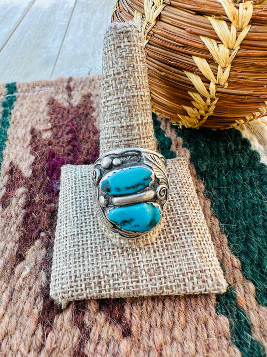 Old Pawn Handcrafted Turquoise & Sterling Silver Ring Size 12